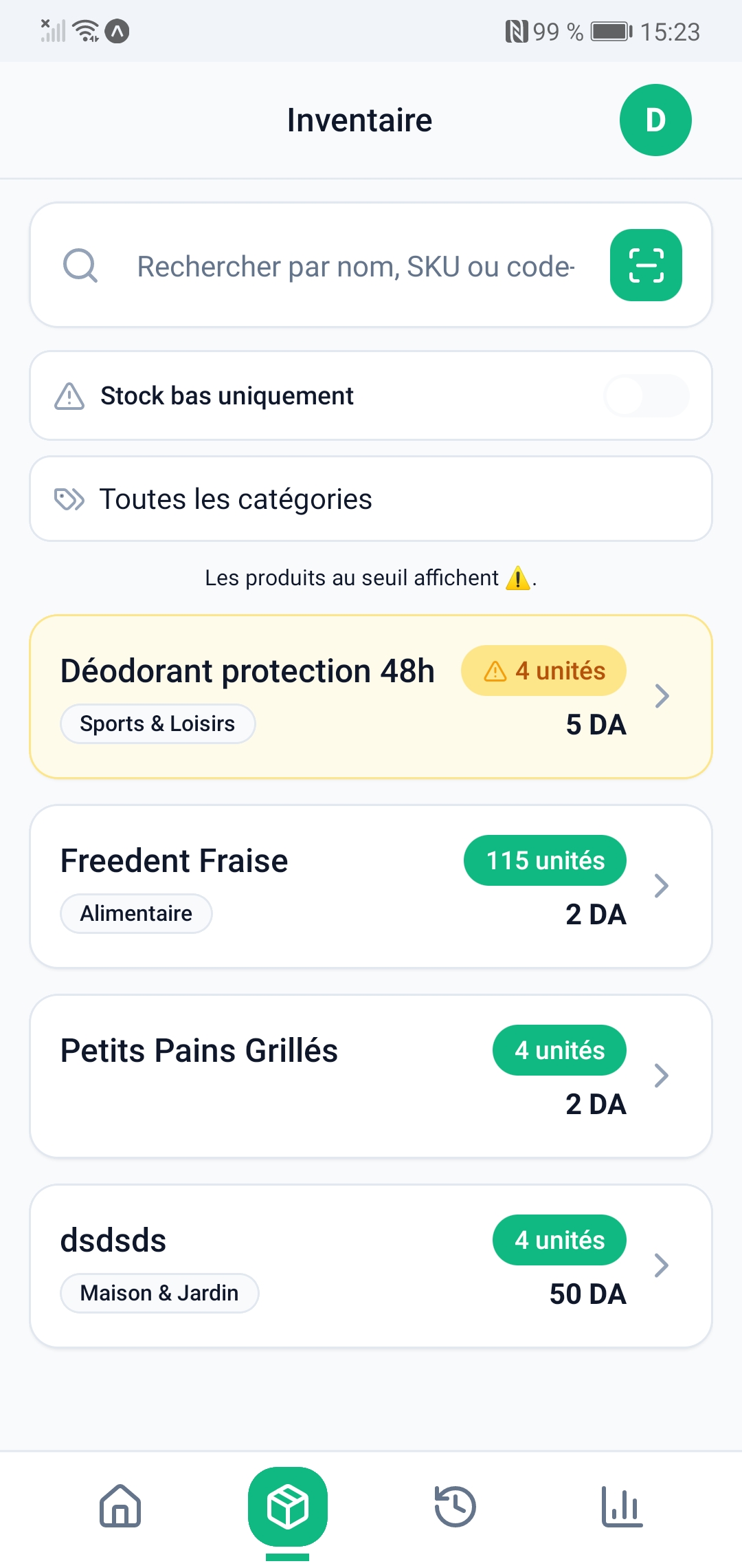 Écran inventaire Hanout : liste de produits avec stock et prix