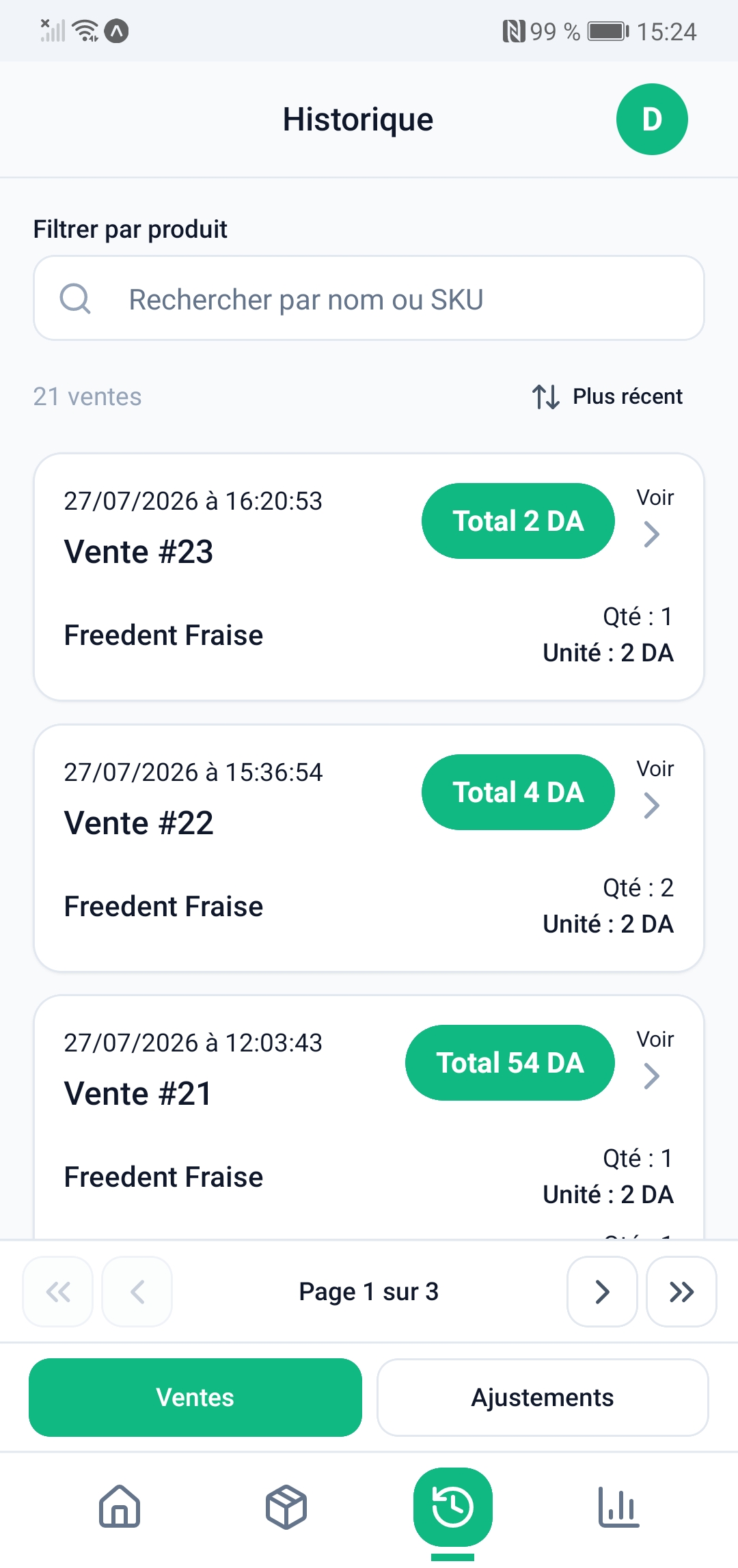 Écran ventes Hanout : vente en cours avec mise à jour du stock